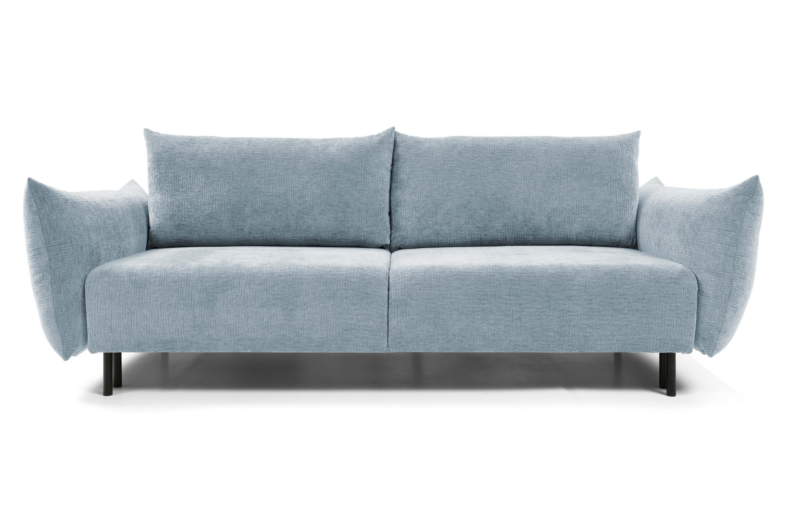 SOFA ADEL - Schlaffunktion Und Bettkasten, Wellenfederung, PUR-Schaum, Schwarze Metallfüße lose Rückenkissen, freistehend, 240x108x75 cm Light blue - Hellblau, Holz/Textil (240/75/108cm) - DomoHome