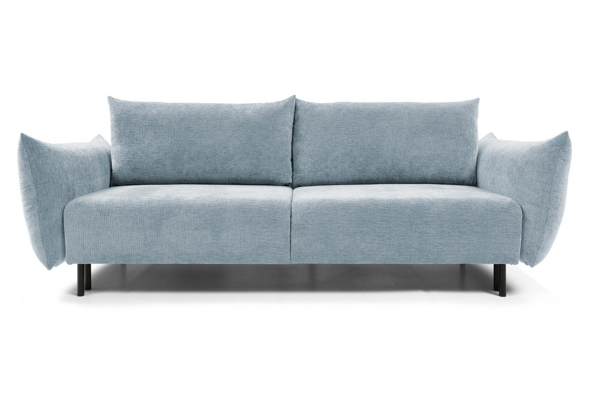SOFA ADEL - Schlaffunktion Und Bettkasten, Wellenfederung, PUR-Schaum, Schwarze Metallfüße lose Rückenkissen, freistehend, 240x108x75 cm Light blue - Hellblau, Holz/Textil (240/75/108cm) - DomoHome
