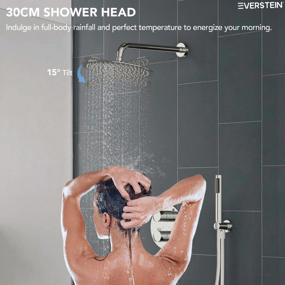 DUSCHARMATUR SFS-5008 Chrom, Unterputz, Thermostat, 300-mm-Kopfbrause, Handbrause, 400-mm-Duscharm - Chromfarben, Metall (30/19/40cm) - Everstein