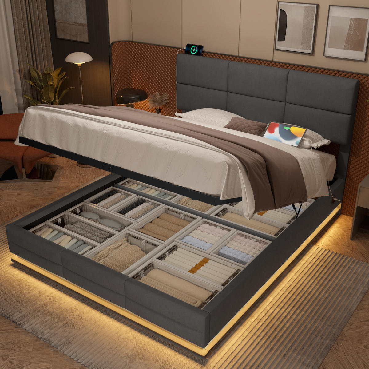 BETT mit Stauraum 160x200 cm Samt Grau mit LED und USB - Dunkelgrau, Metall (160/200cm) - Meubliv