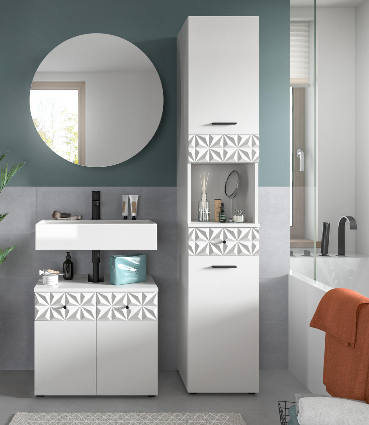 BADMÖBEL-SET weiß Hochglanz 3-teilig 120 cm, Komplettset mit 3D-Struktur - Weiß Hochglanz, Glas/Holzwerkstoff (195/187/37cm) - Inn.Furn