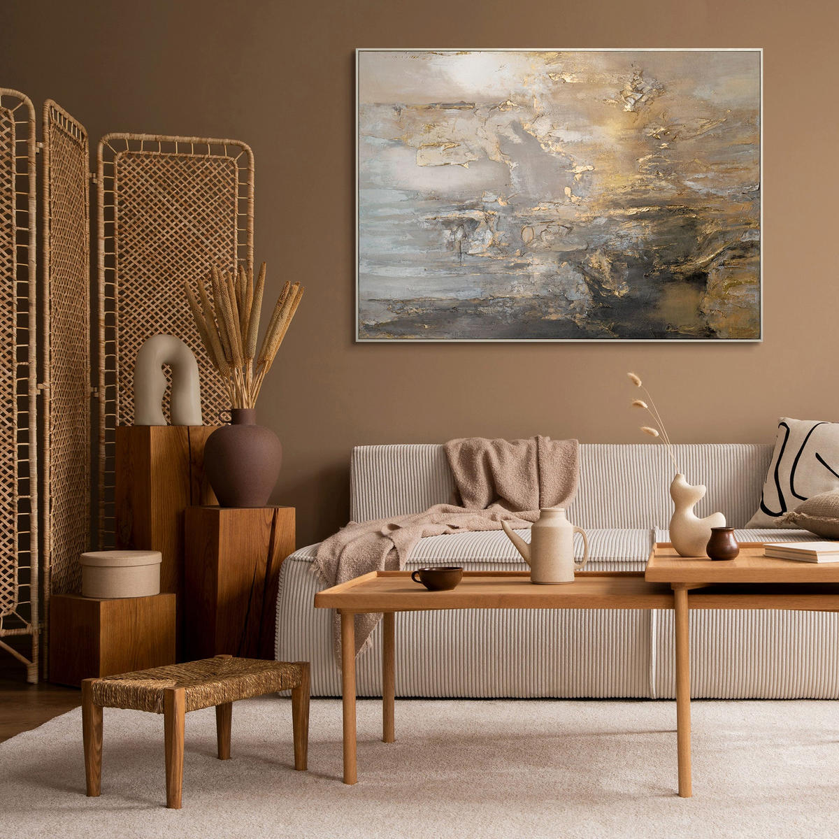 GEMÄLDE Goldene Horizonte II Schattenfugenrahmen Beige 140x100 cm - Beige, Holz (140/100cm) - YS-art gallery