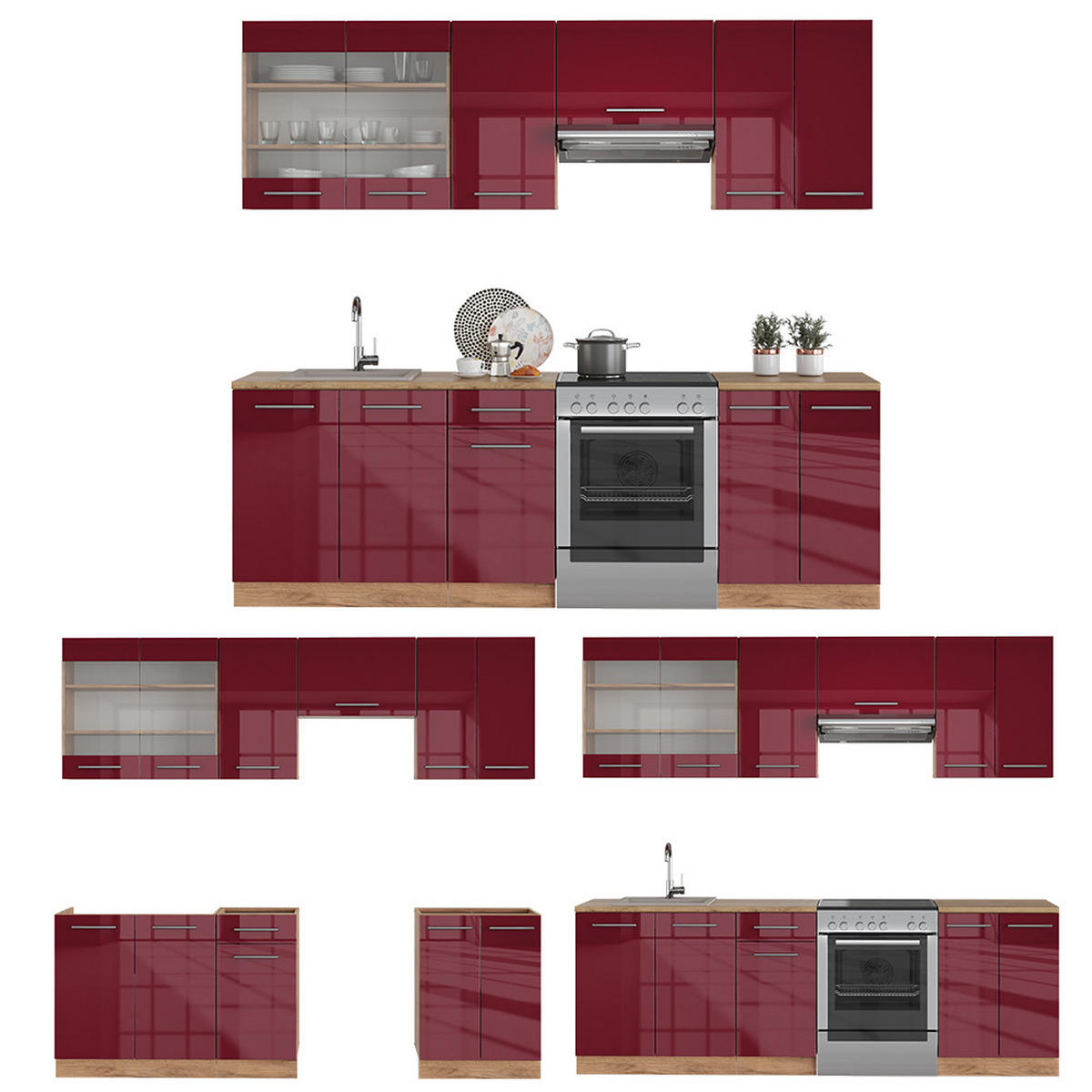 KÜCHENZEILE Fame-Line Bordeaux Hochglanz/Goldkraft Eiche 240 cm ohne AP - Honigeiche/Bordeaux, Holzwerkstoff (240/81.6/46cm) - Vicco