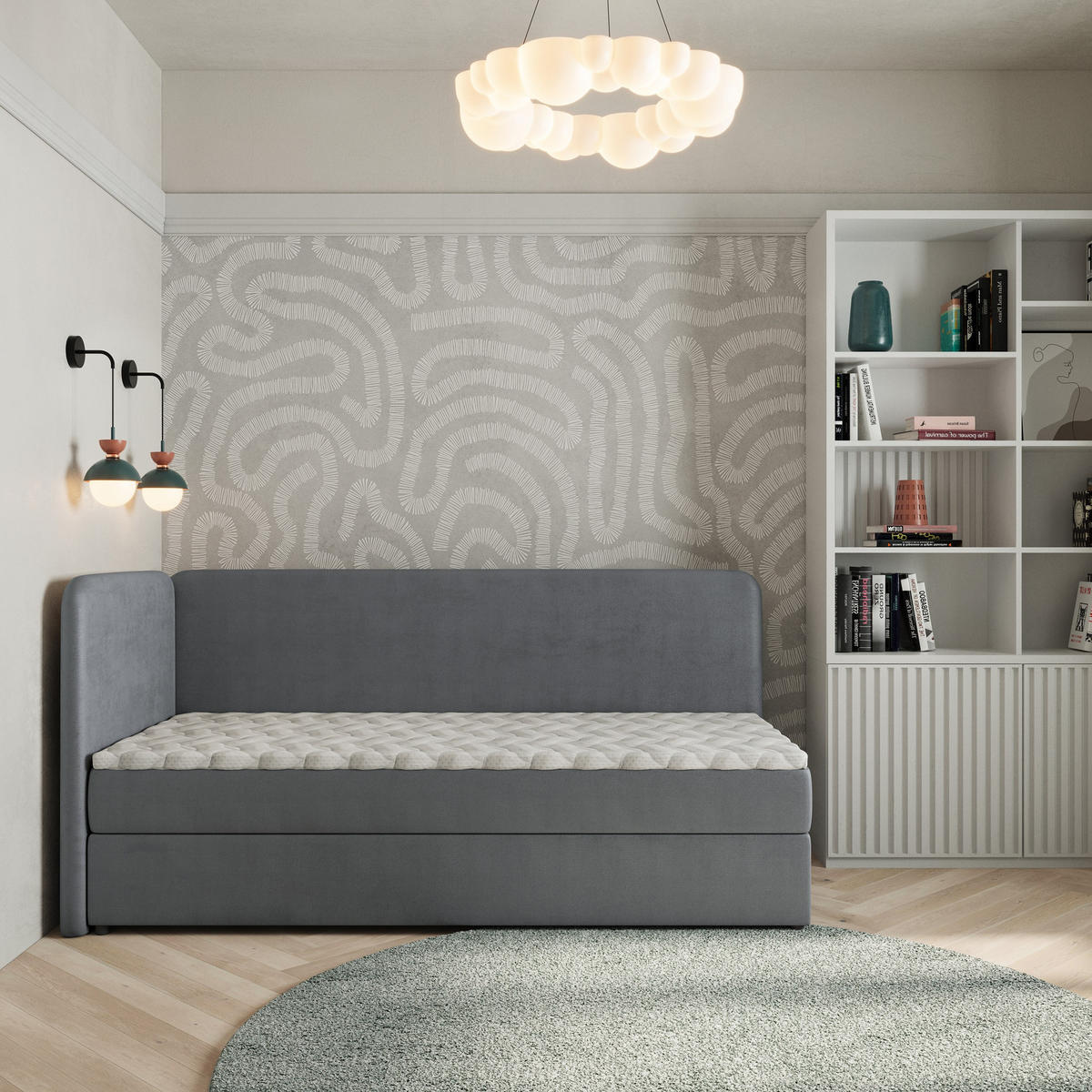 BOXBETT GINA 80x200 cm mit Matratze und Topper, H2+H3 - Grau - Grau, Holz (80/200cm) - MASSENO