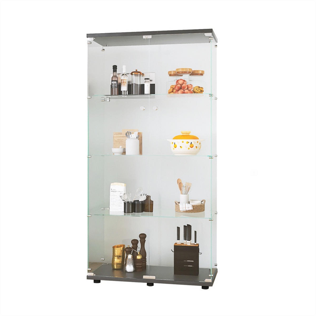 VITRINE - Glasvitrine mit 2 Türen und 4 Ebenen - abschließbar - Schwarze Decken- und Bodenplatte - Schwarz, Glas (80.5/164.3/36.3cm) - DELFA