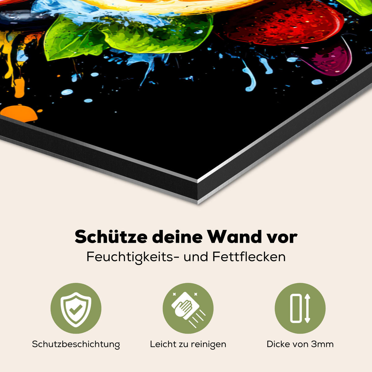 SPRITZSCHUTZ KÜCHE Obst - Graffiti - Bunt - Orange - Erdbeere - Abstrakt 70x50 cm - Orange, Metall (70/0.3/50cm) - MuchoWow