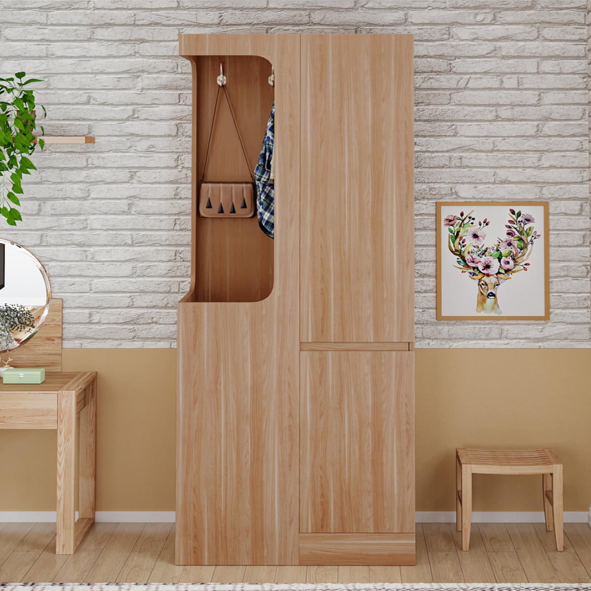 KLEIDERSCHRANK aus Kiefer, Sperrholz und MDF 70x40x170 cm Weiß/Holz mit Tür, 4 Schubladen und offenem Hängebereich - Nussbaumfarben, Holzwerkstoff (70/170/40cm) - Modfu