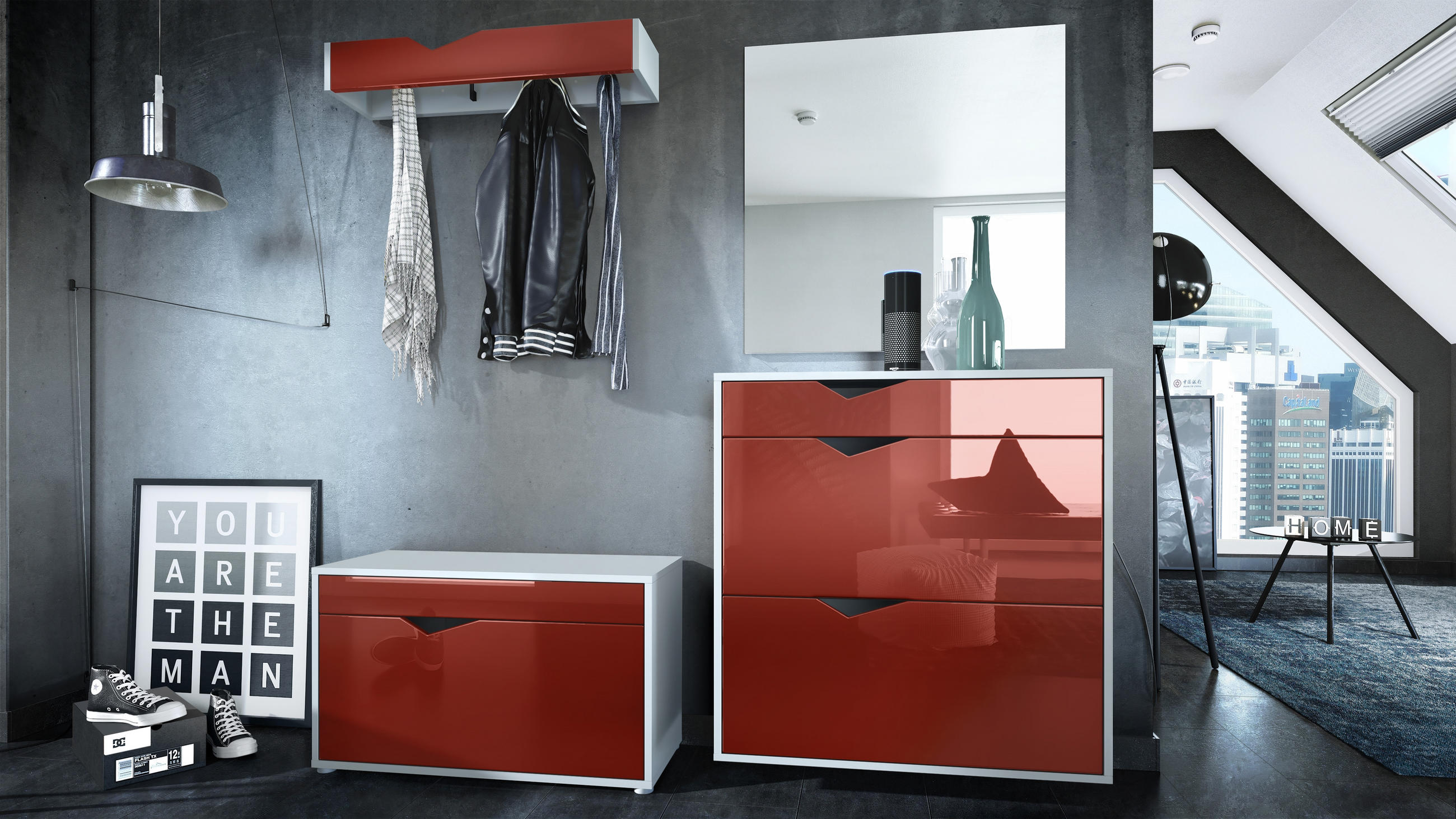 GARDEROBE Kolmio Fronten in Bordeaux Hochglanz - Bordeaux, Holzwerkstoff (190/185/33cm) - Vladon