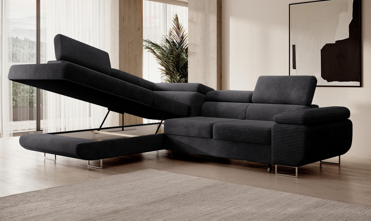 ECKSOFA Stevil Dunkelgrau Cordbezug - Dunkelgrau/Silberfarben, Textil/Metall (275/203cm) - Selsey