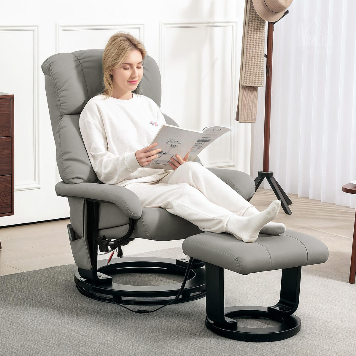 RELAXSESSEL mit Fußhocker, Massagesessel mit Liegefunktion Fernbedienung Grau - Greige/Schwarz, Kunststoff/Metall (80/102/76cm) - HOMCOM