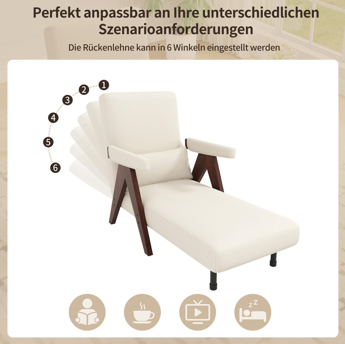 KLAPPSESSEL Leinenstoff 3-in-1 mit 6-fach verstellbarer Rückenlehne 87/64/60 cm Dunkelbraun - Dunkelbraun, Textil (87/64/60cm) - Redom