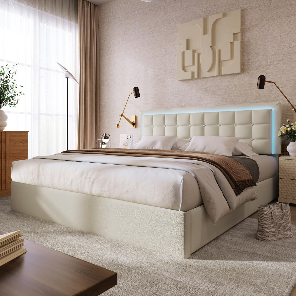 POLSTERBETT 140/200 cm mit Stauraum und LED-Beleuchtung Bezug aus Kunstleder Weiß - Weiß, Kunststoff (140/200cm) - OKWISH