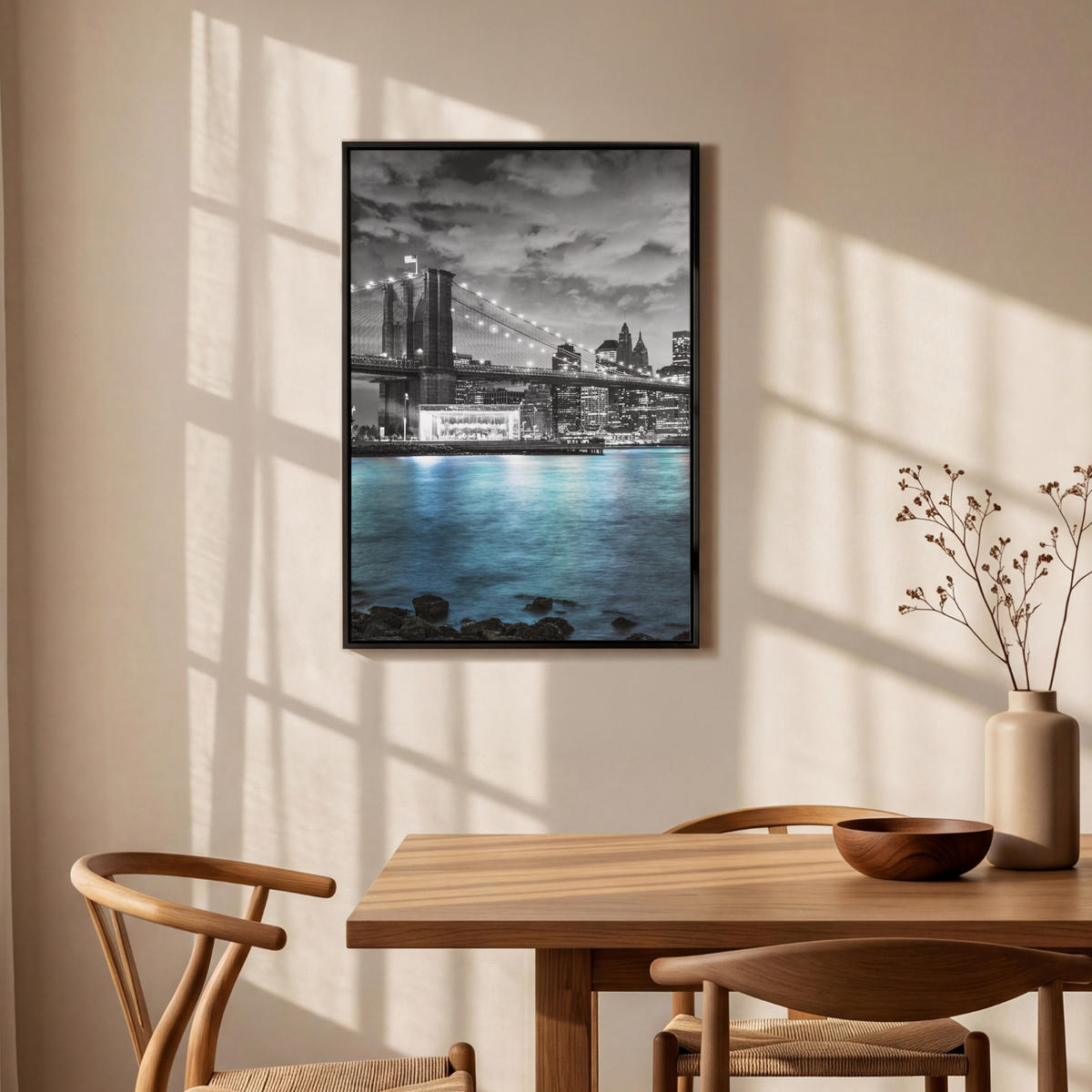 LEINWAND Bilder mit Rahmen - New York - Skyline - Stadt - Blau - 60x90 - Blaugrau, Textil (60/90cm) - MuchoWow