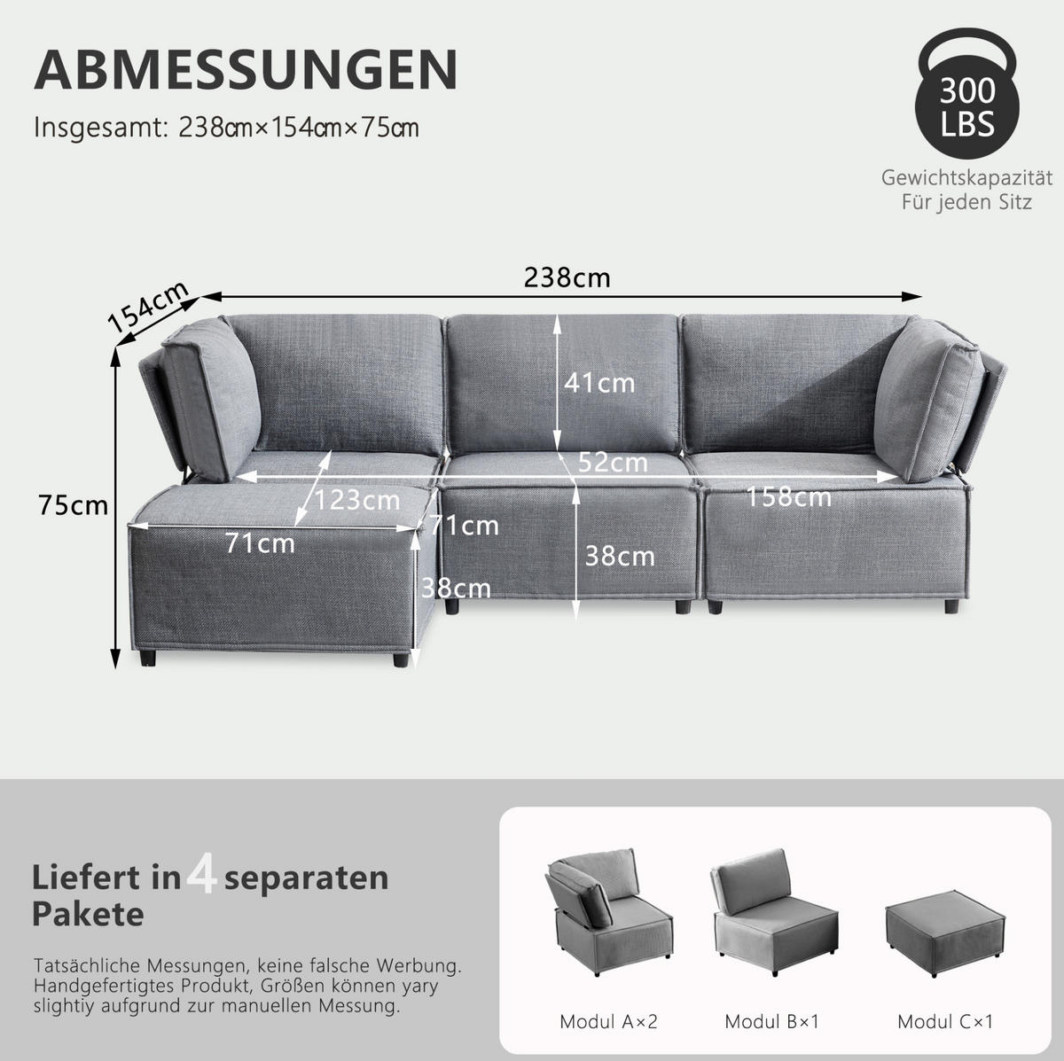 SOFA modular flexibel kombinierbar Light Grey - Hellgrau, Holz (154/238cm) - Meubliv