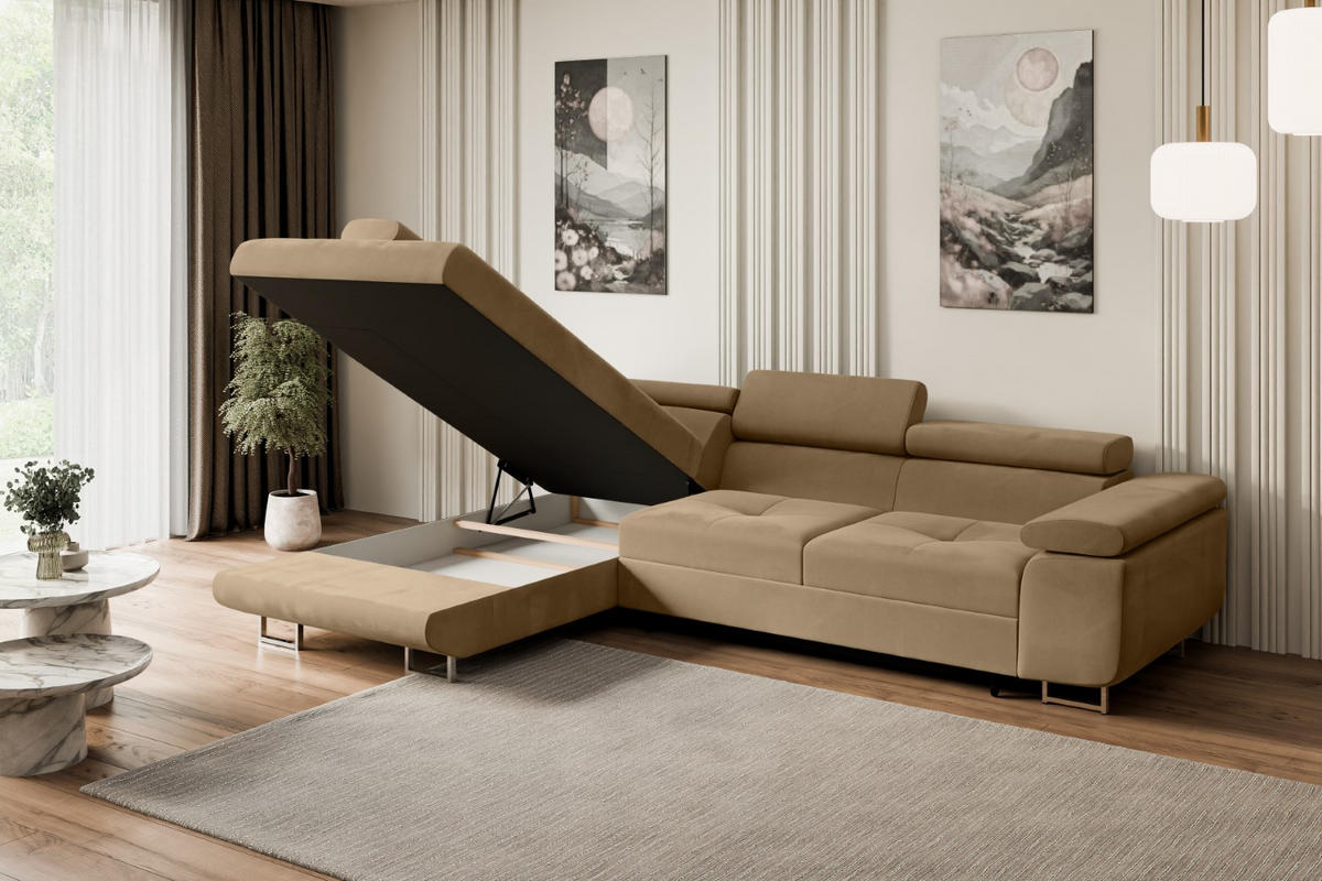 ECKSOFA mit Schlaffunktion und Bettkasten GUSA-L 272x202x107 cm Beige Velours - Beige/Silberfarben, Holzwerkstoff/Textil (202/272cm) - ALTDECOR
