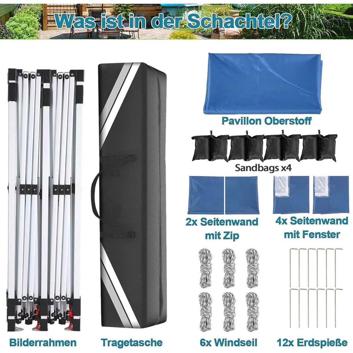 FALTPAVILLON 3 x 6 m wasserdicht mit 6 Seitenwänden - Blau, Textil (299.7/320/599.4cm)
