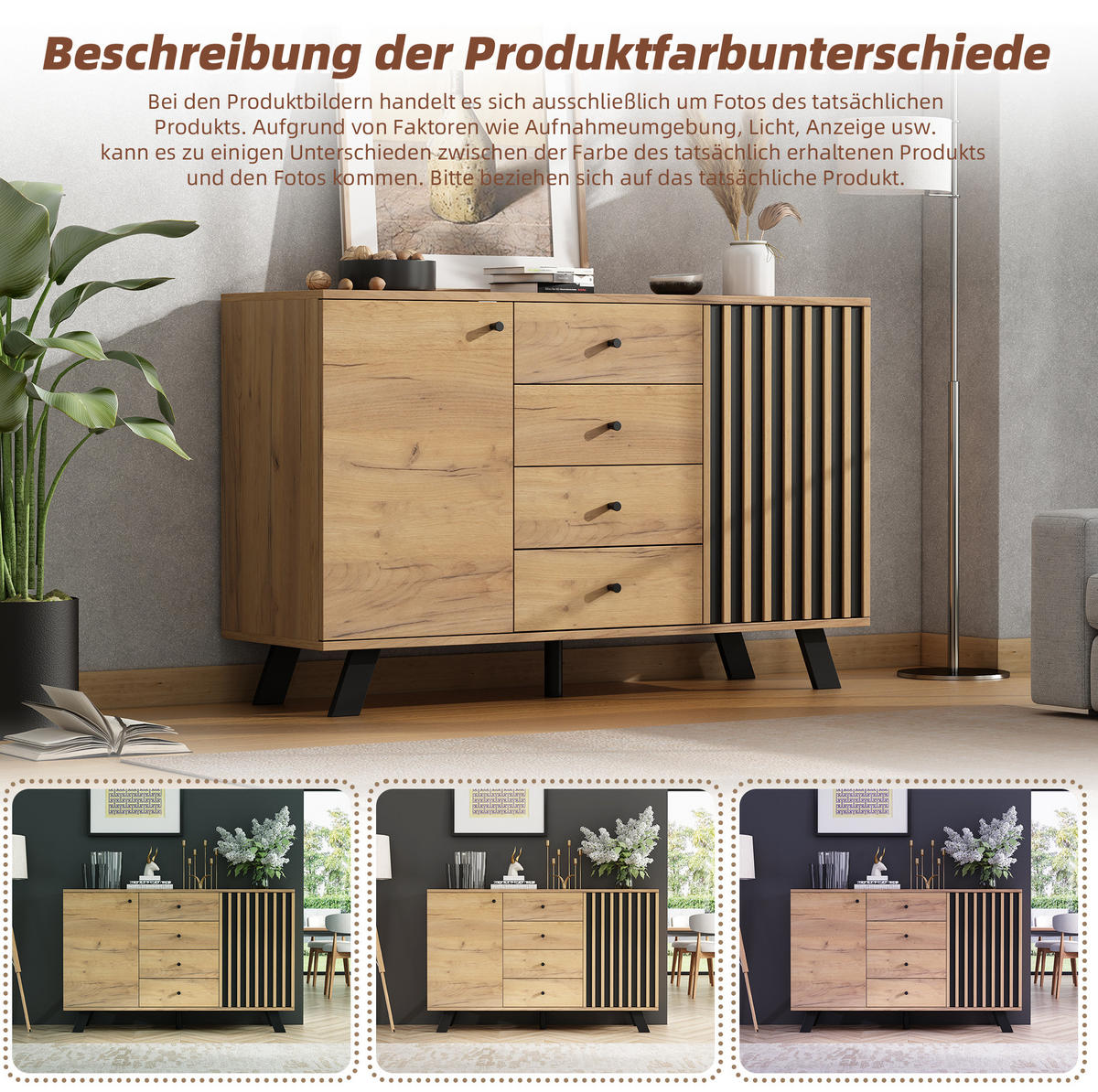 SIDEBOARD aus MDF 120x38x75 cm Schwarz/Natur mit 4 Schubladen, 2 Schränken und Massivholzbeinen - Schwarz, Holzwerkstoff (120/75/38cm) - Modfu
