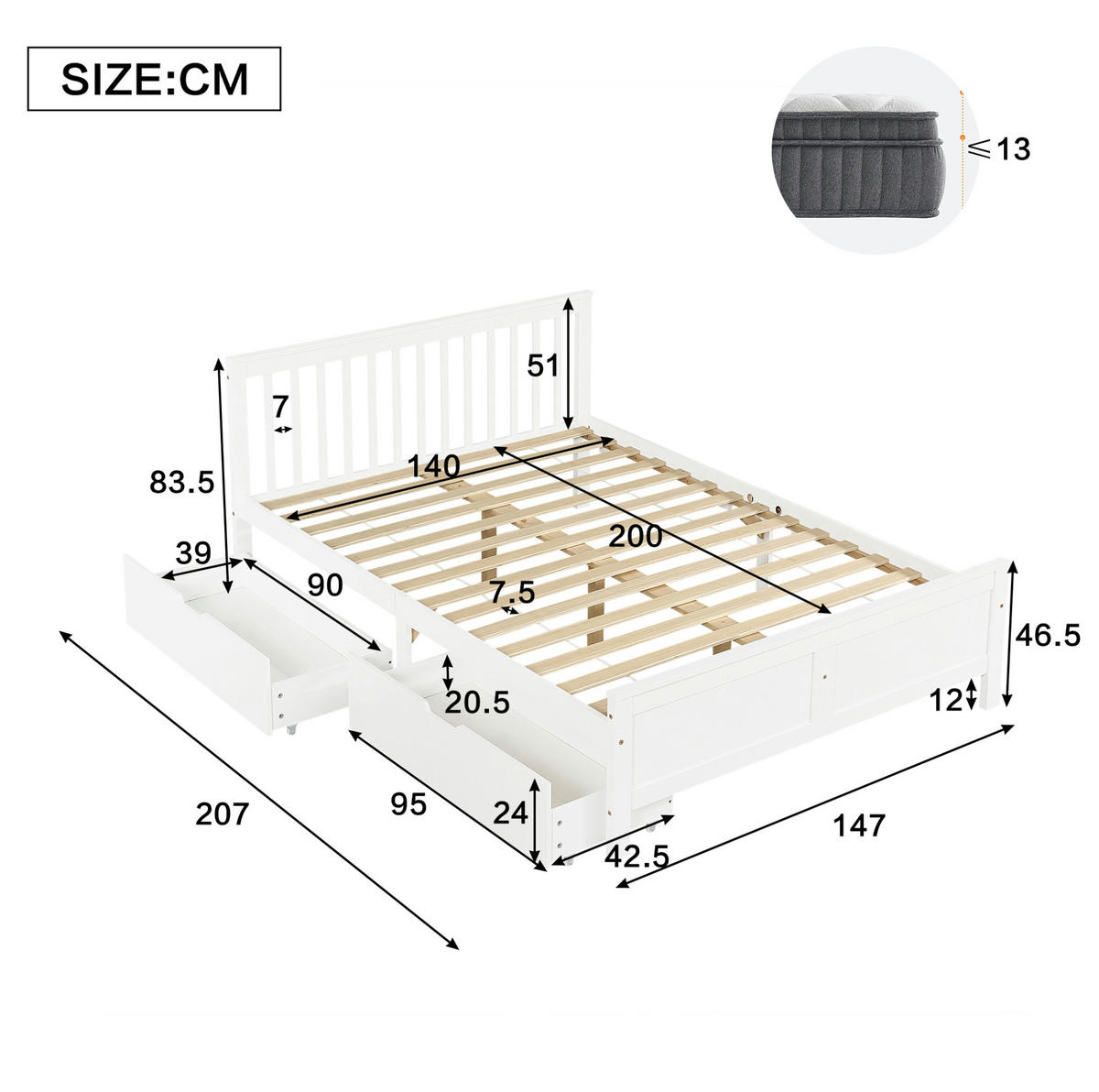 DOPPELBETT 140/200 cm mit 2 Schubladen und Massivholzrahmen, Weiß - Weiß, Holz (140/200cm) - Redom