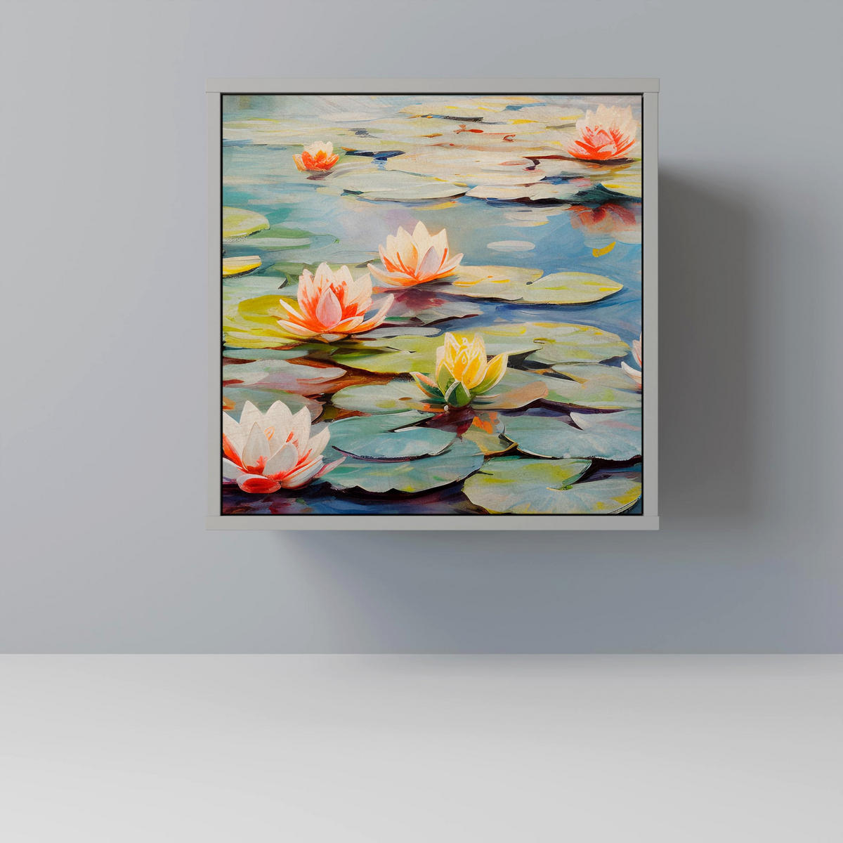 SIDEBOARD BLOOMING WATERS, Grau, 57,5x42x67,5 cm, Schwarze Metall-Rahmenfüße - Multicolor/Schwarz, Holzwerkstoff/Metall (57.5/67.5/42cm) - SpaceRebels
