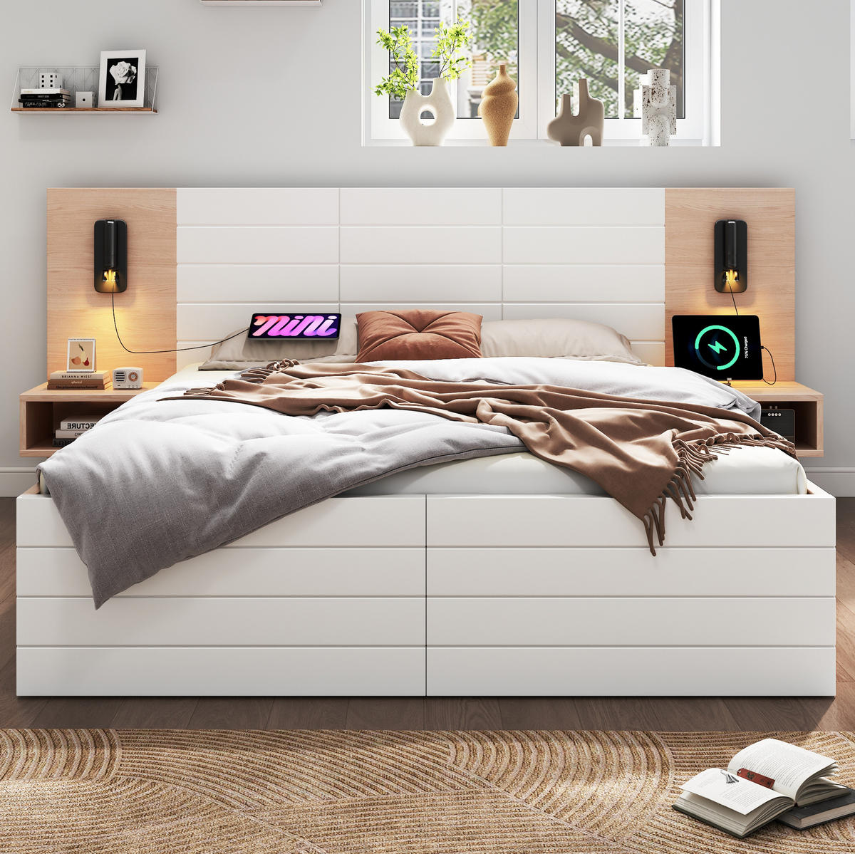 POLSTERBETT aus Massivholz und MDF 180x200 cm in Weiß mit USB & Leselampe - Weiß, Holzwerkstoff (180/200cm) - Modfu