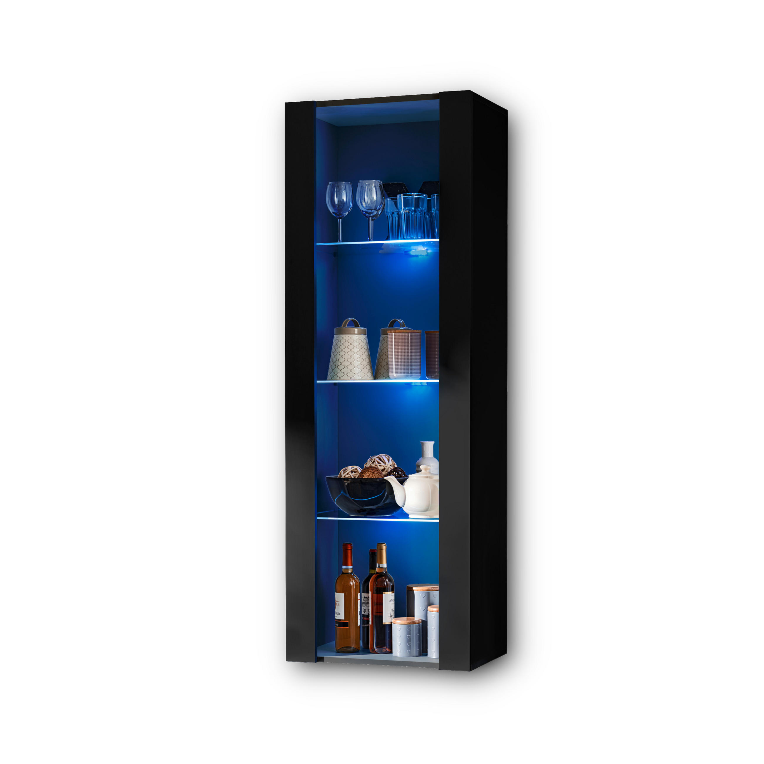 VITRINE TIVOLI, Schwarz + Schwarz, LED Blau - Schwarz, Glas/Holzwerkstoff (55/159/35cm) - Komodee