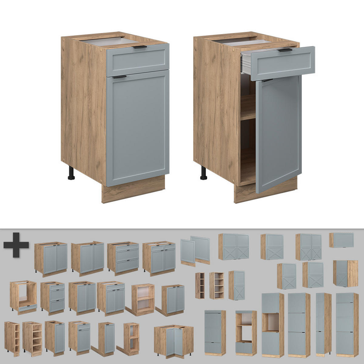 KÜCHENUNTERSCHRANK Fame-Line Hellblau-grau 40 cm, AP Anthrazit - Honigeiche/Eiche Wotan, Holzwerkstoff (40/82/60cm) - Vicco