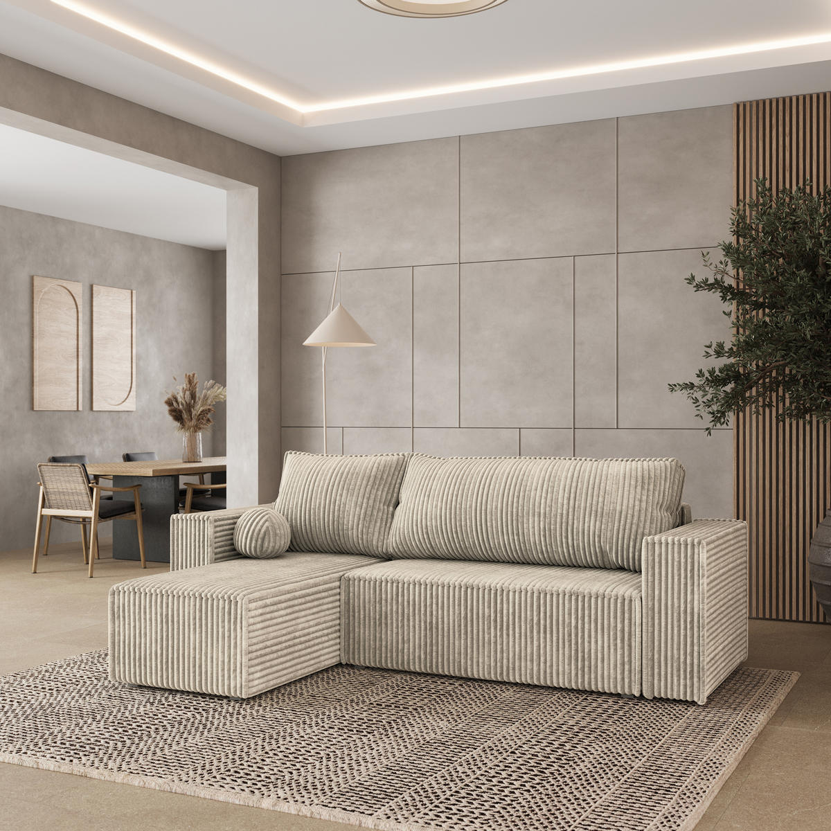 ECKSOFA RAVELO T Creme Kordstoff mit Schlaffunktion - Creme, Holz (240/140cm) - MASSENO