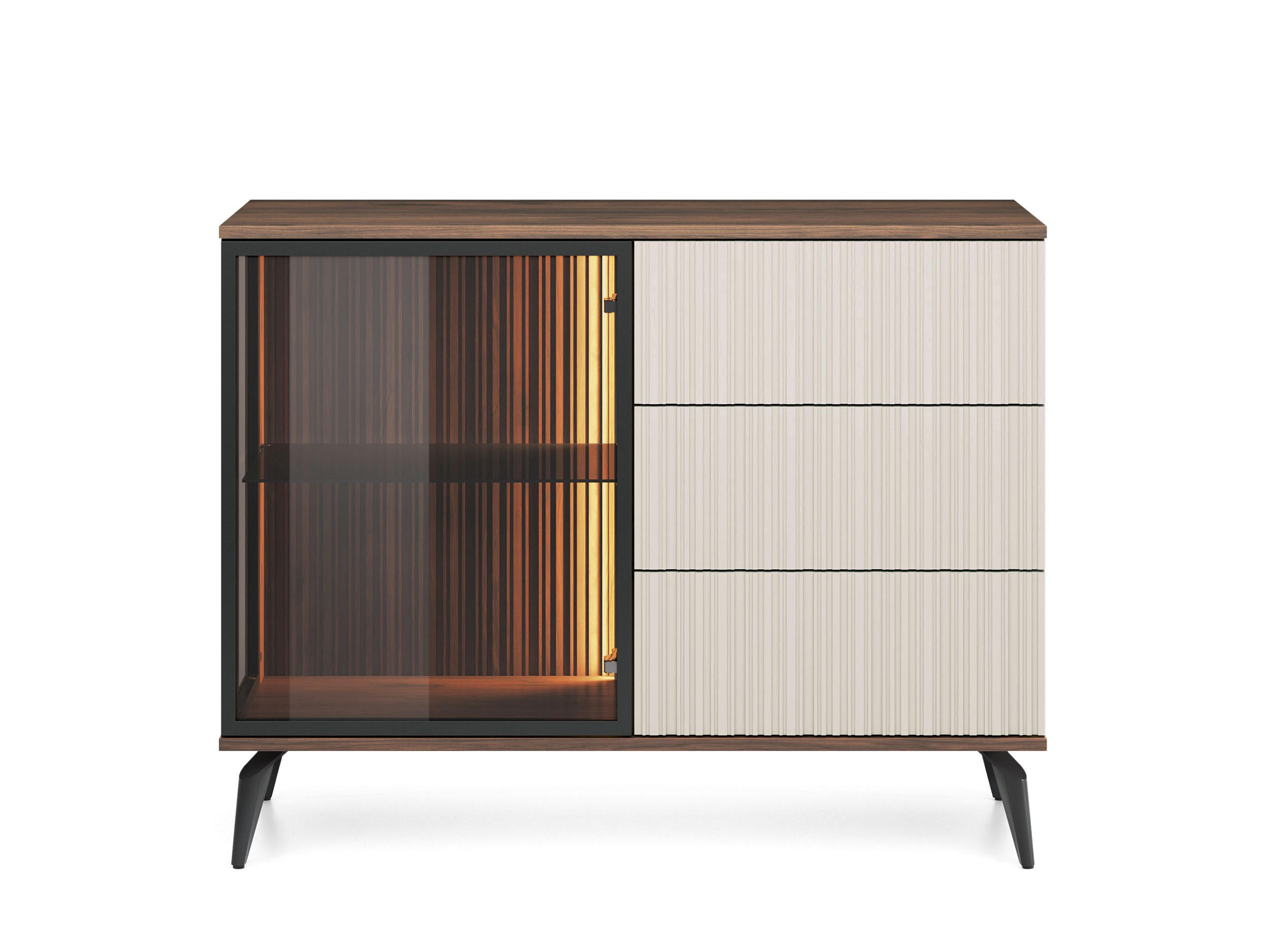 KOMMODE Vico Braun mit Beige, Kombikommode mit Led-Beleuchtung - Beige/Schwarz, Holzwerkstoff (103/80/39cm) - Bettso