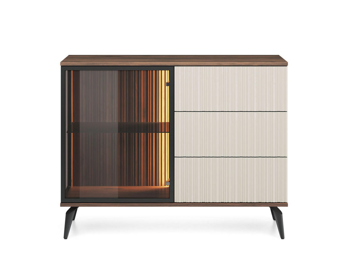 KOMMODE Vico Braun mit Beige, Kombikommode mit Led-Beleuchtung - Beige/Schwarz, Holzwerkstoff (103/80/39cm) - Bettso
