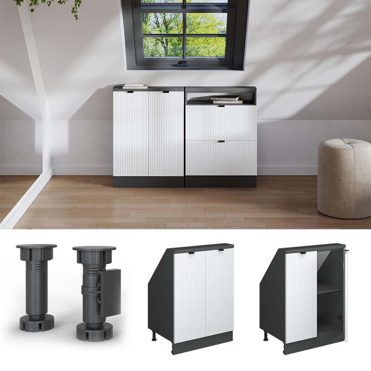 DACHSCHRÄGENSCHRANK Rion Weiß Riffel 60 x 81.6 cm mit 2 Türen - Weiß, Holzwerkstoff (60/81.6/46cm) - Vicco