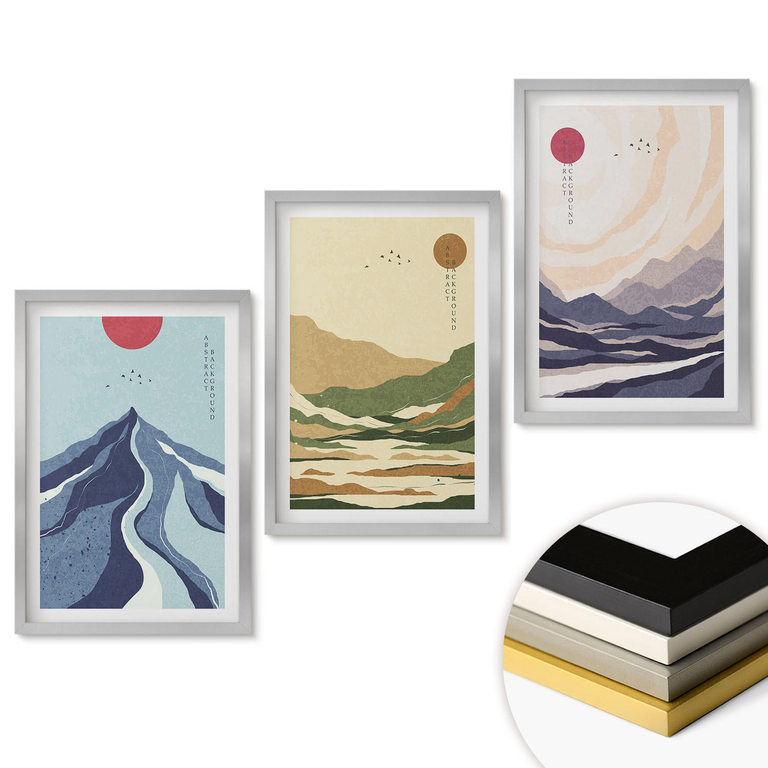 WANDBILDER 3er Set - 40x60 cm Silberner Rahmen - Pastellfarbene Berge im Japandi-Stil - Silberfarben, Kunststoff (40/60cm) - ArtPrintCave