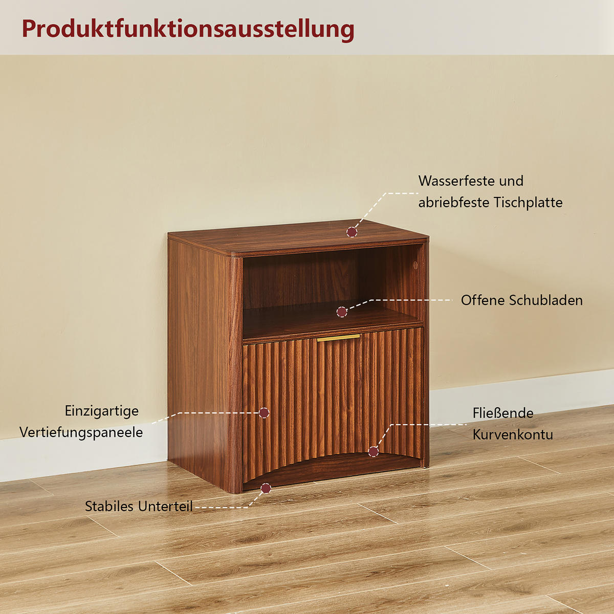 NACHTTISCH aus MDF und Spanplatte 38x58x60 cm Walnussfarben mit Schublade, offenem Fach und Rillendesign - Walnussfarben, Holzwerkstoff (58/60/38cm) - Modfu