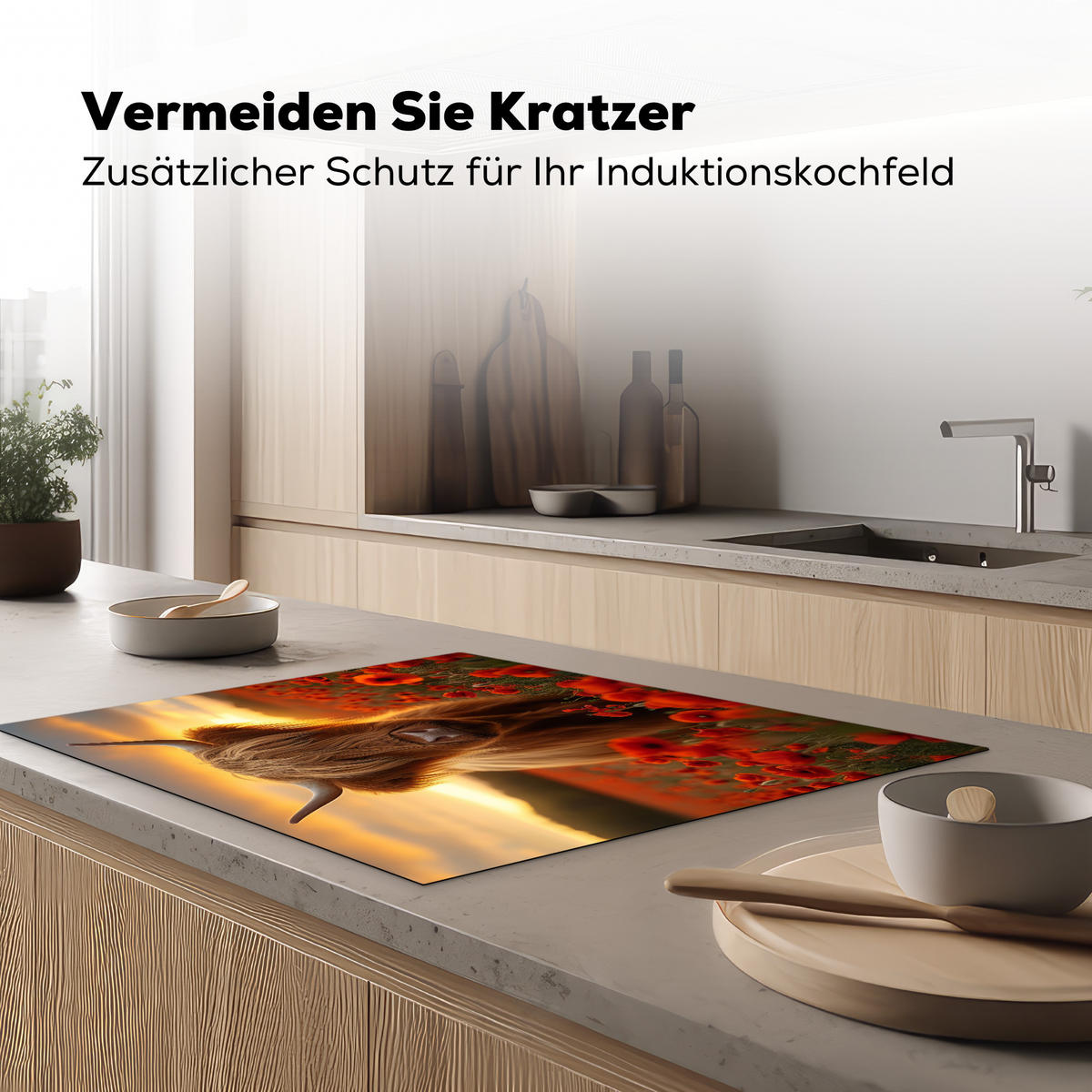HERDABDECKPLATTE Schottische Highlander - Rosen - Blumenfeld - Sonnenuntergang Induktionsmatte 77x59 cm - Rotbraun, Kunststoff (77/59/0.2cm) - MuchoWow