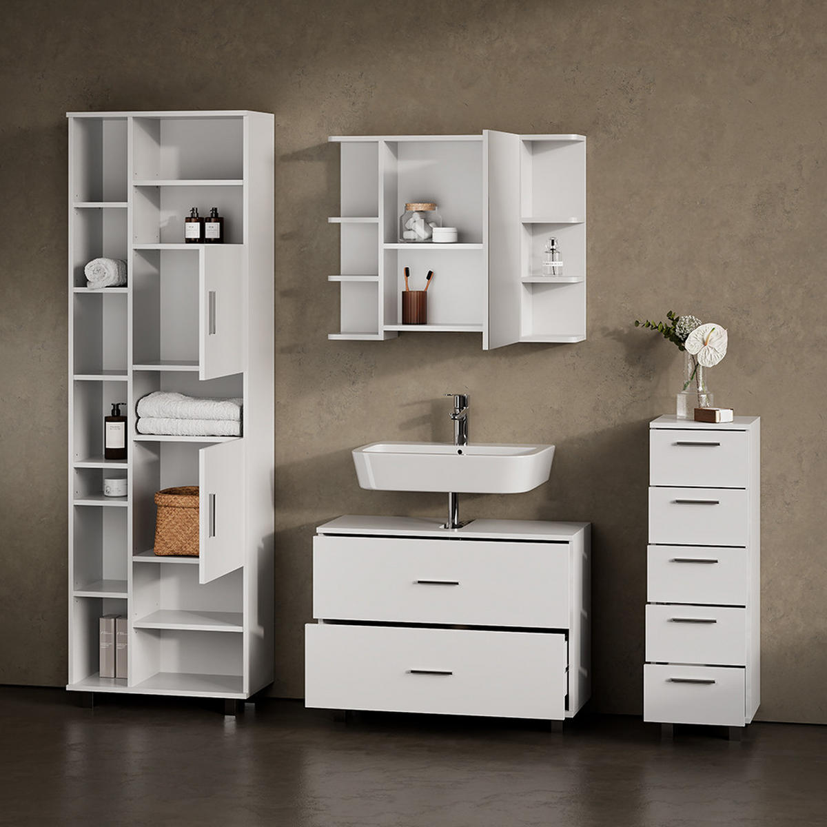 BADMÖBEL-SET Eisak Weiß 4 Teile, mit Hochschrank - Weiß, Holzwerkstoff (80/60/33cm) - Livinity®