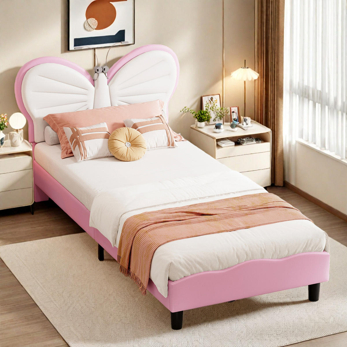 POLSTERBETT 90/190 cm Weiß Rosa mit LED-Leseleuchte - Rosa, Holz (90/190cm) - SHOPENTRA