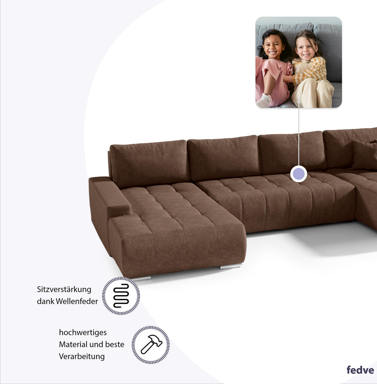 WOHNLANDSCHAFT mit Schlaffunktion Dhaka U, Braun - Dunkelbraun, Textil (185/85/350cm) - Fedve