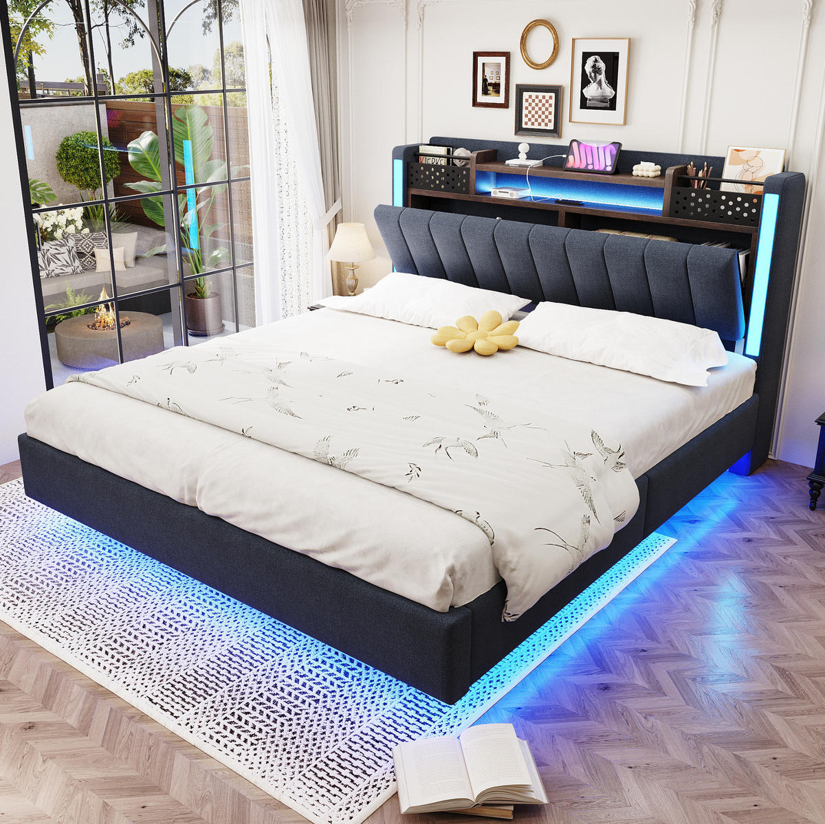 POLSTERBETT 140/200 cm Grau aus Leinenstoff mit LED-Beleuchtung und USB-Anschluss - Grau, Textil (140/200cm) - OKMYHOME