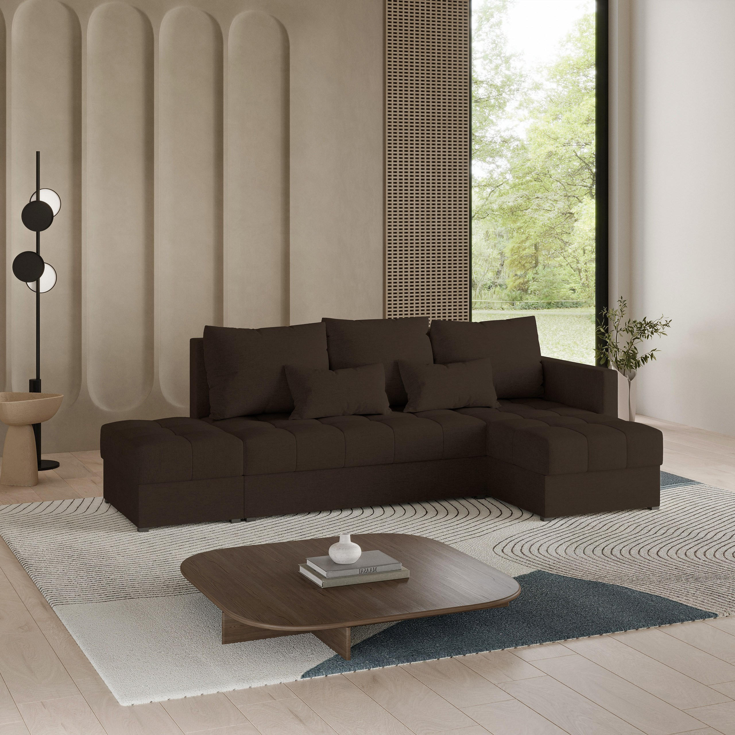 ECKSOFA LUMARI R-S Braun Plüsch-Stoff mit Schlaffunktion - Braun, Holz (262/143cm) - MASSENO