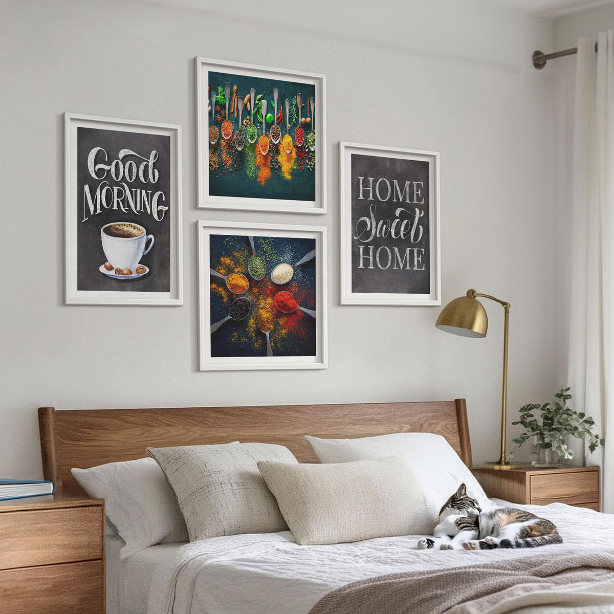 BILDER SET 4er Set - 50x50 cm & 40x60 cm Weißer Rahmen - Gewürze, Kaffee, Tasse, Kräuter - Weiß, Kunststoff (50/50cm) - TULUP