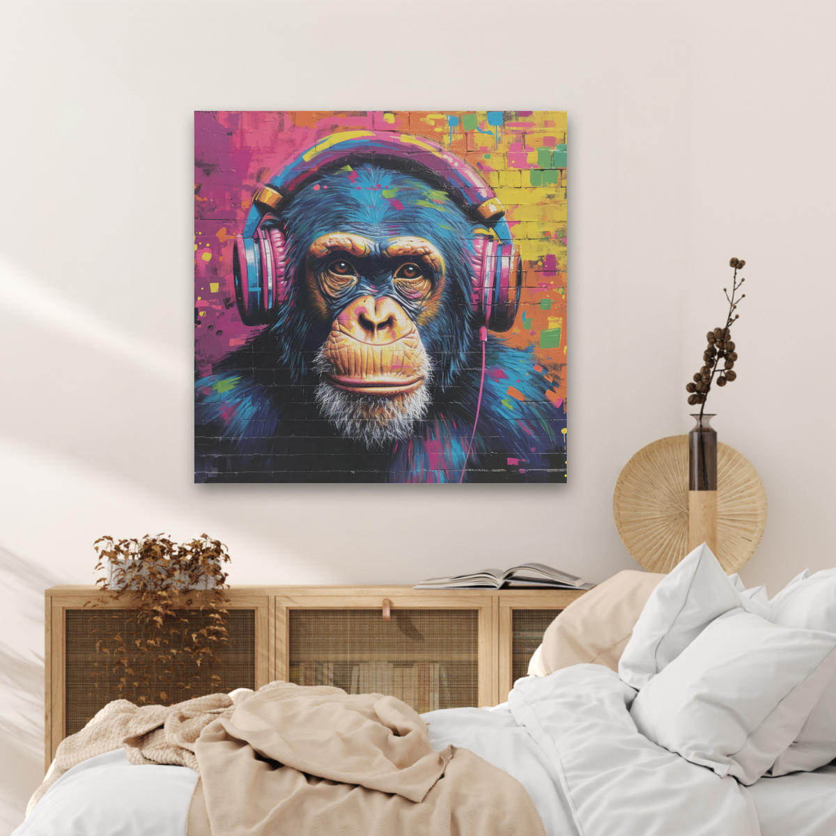 AKUSTIKBILD Graffiti - Schimpanse - Straßenkunst - Kopfhörer - Affe Akustikpaneele 80x80 cm - Blau, Kunststoff (80/80/0.9cm) - MuchoWow