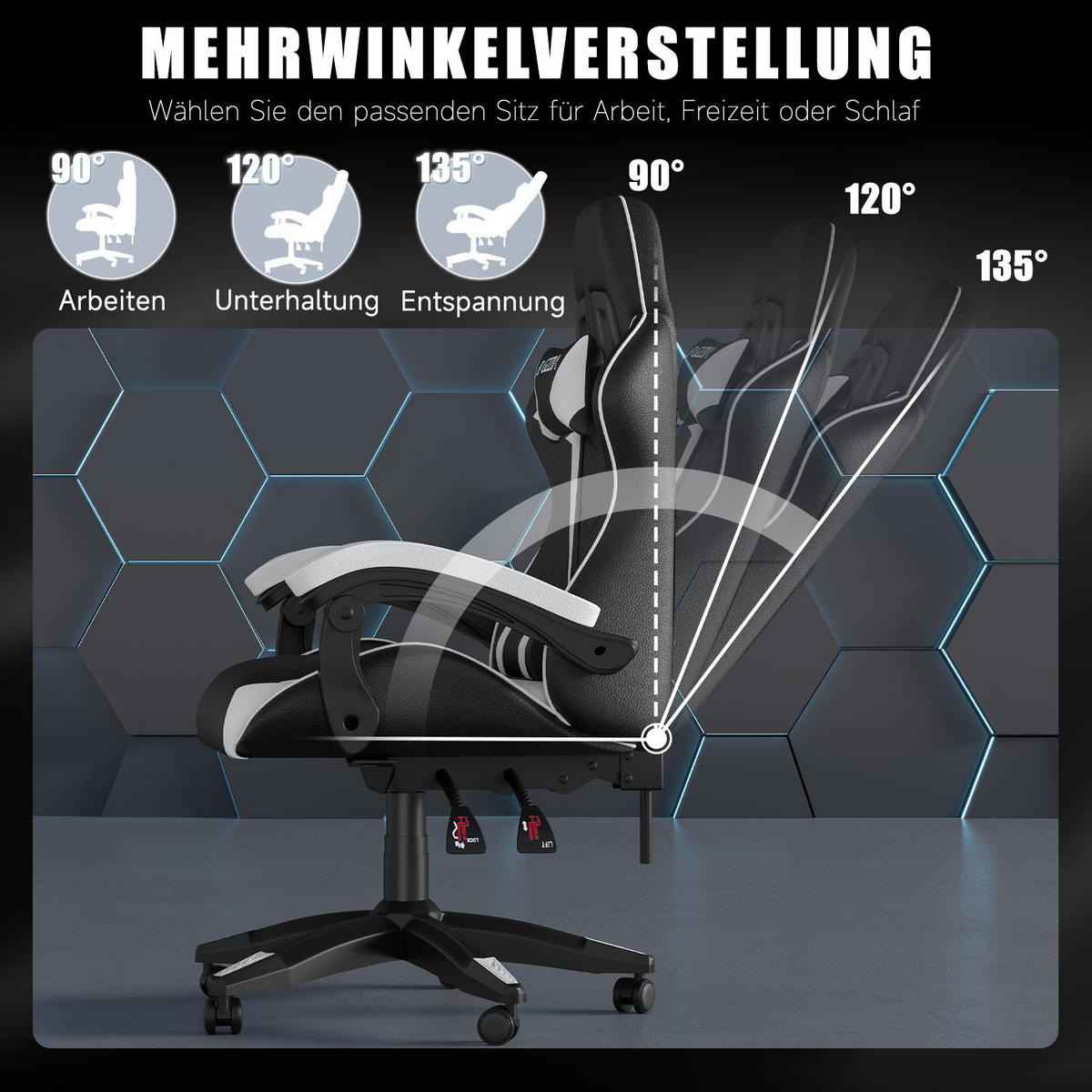 GAMINGSTUHL Schwarz-Weiß ergonomisch - Weiß, Leder (29/59/79cm) - Rattrix
