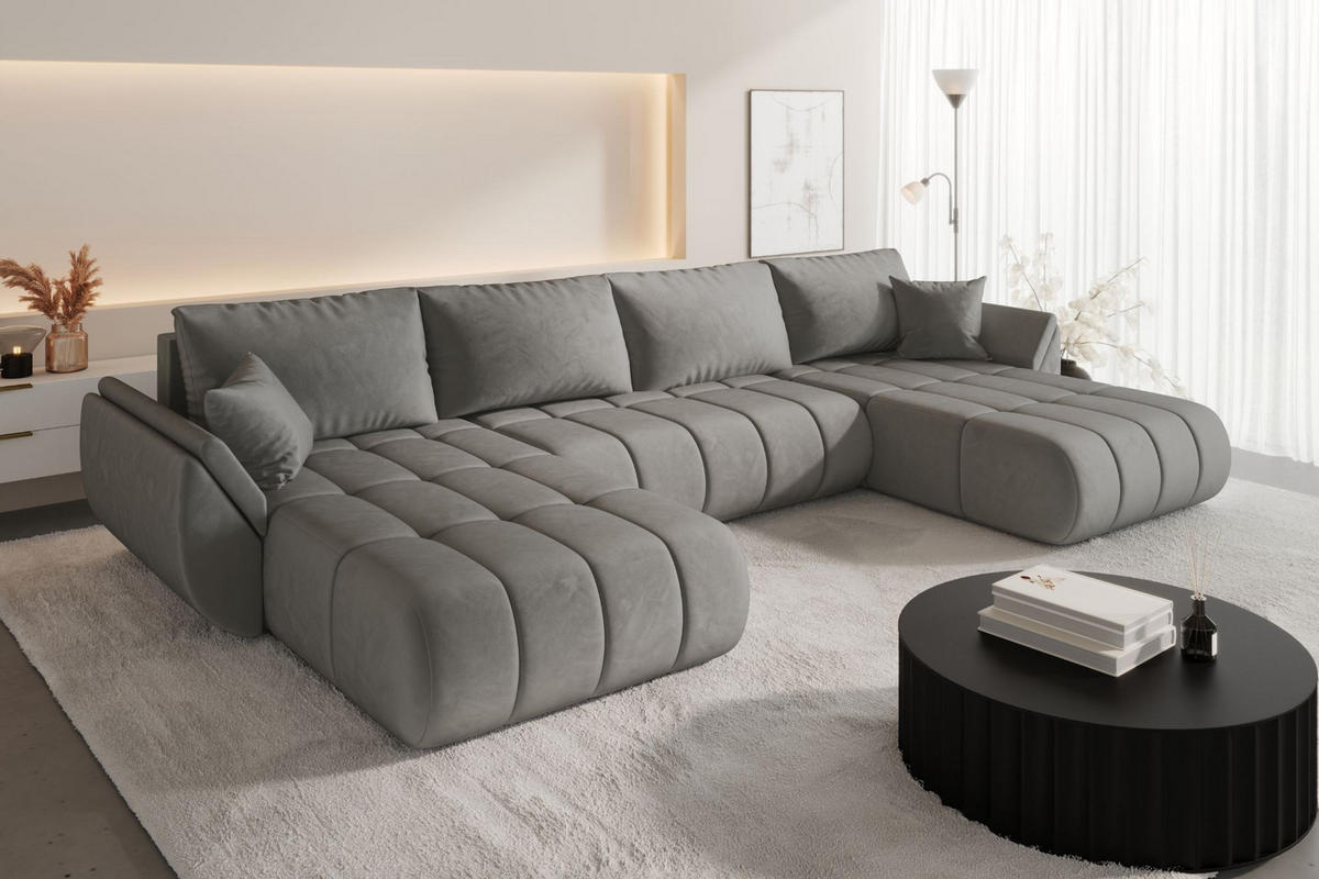 ECKSOFA mit schlaffunktion und bettkasten TOKYO U PREMIUM, stoff MONOLITH, Hellgrau - Hellgrau, Holz (384/190cm) - Kaiser Möbel