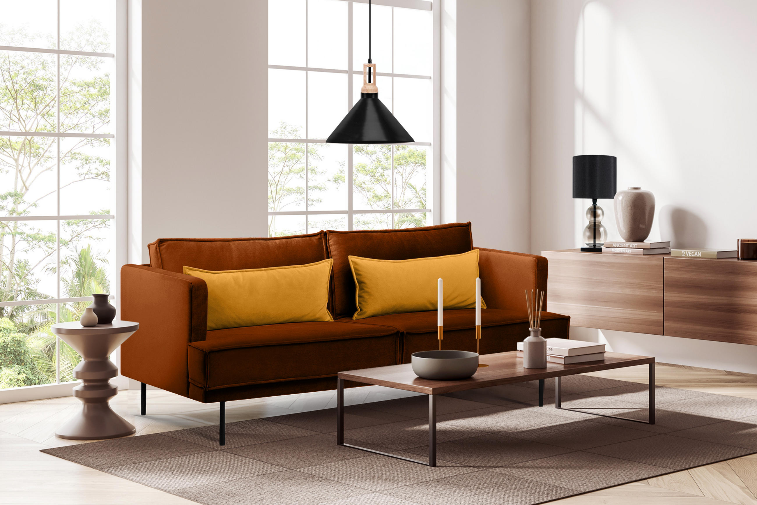3-SITZER-SOFA GANZO 2 Kissen inklusive, Velours-Stoff, orange - Schwarz/Orange, Textil/Metall (193/84/92cm) - KONSIMO®