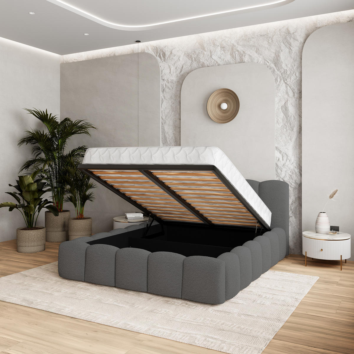 POLSTERBETT FALINA 180x200 cm mit Bettkästen - Grau - Grau, Holz (180/200cm) - MASSENO