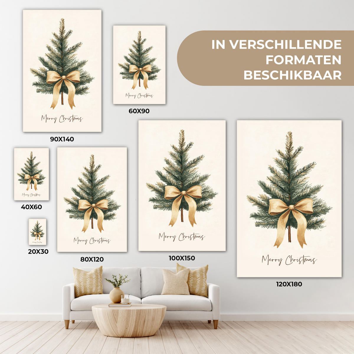 LEINWANDBILD Weihnachtsbaum - Weihnachten - Frohe Weihnachten - Beige Wanddeko 40x60 cm - Sandfarben, Textil (40/60cm) - MuchoWow