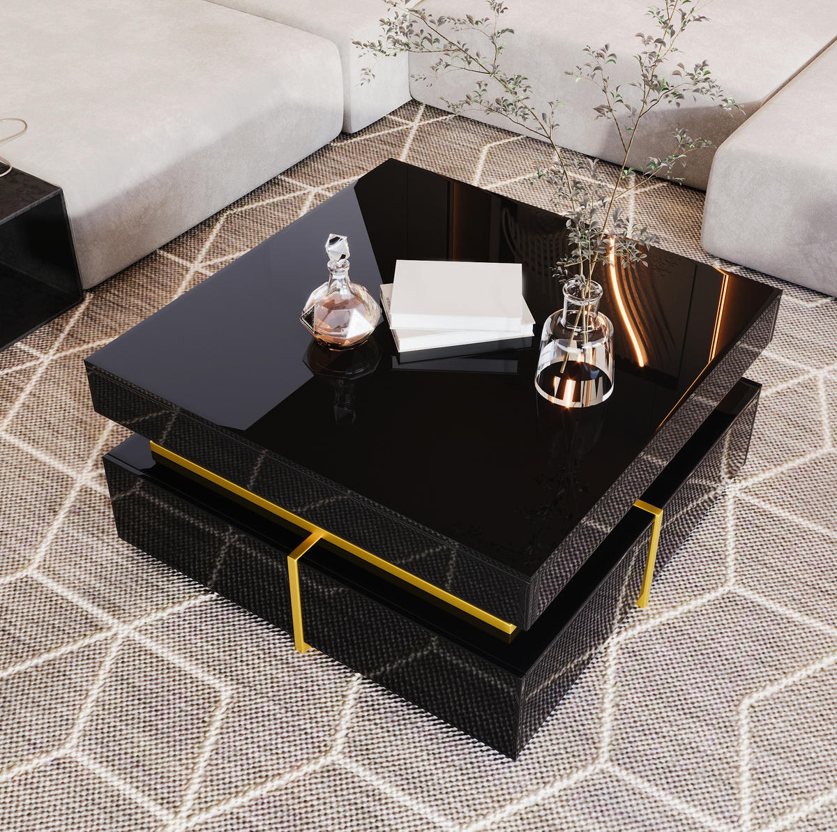 COUCHTISCH mit 2 Schubladen 70 x 70 cm Hochglanz Schwarz - Schwarz, Holzwerkstoff (70/70/35.5cm) - Meubliv