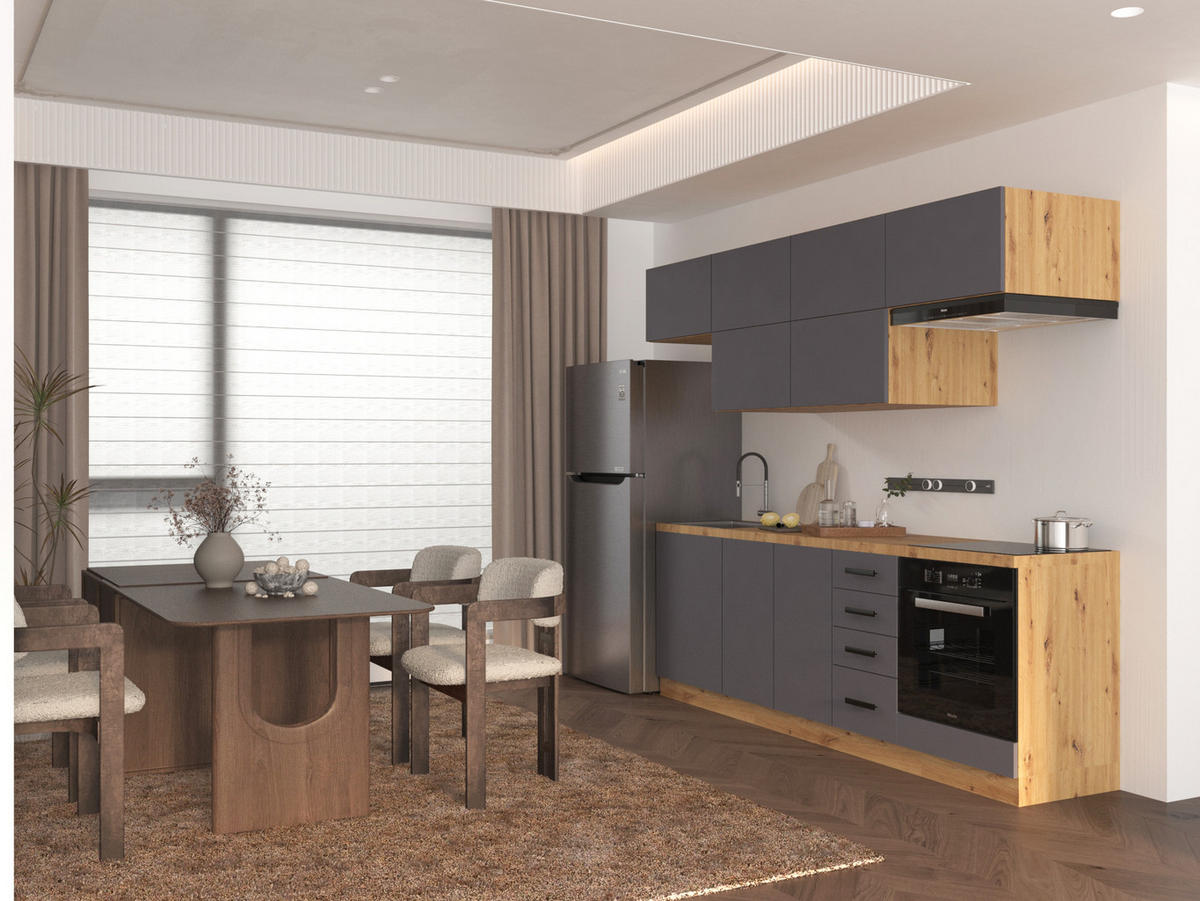 KÜCHENZEILE 240 - Langen KL2-M240 in Grau/Matt - Schwarz/Grau, Holz/Metall (240/212/58cm)
