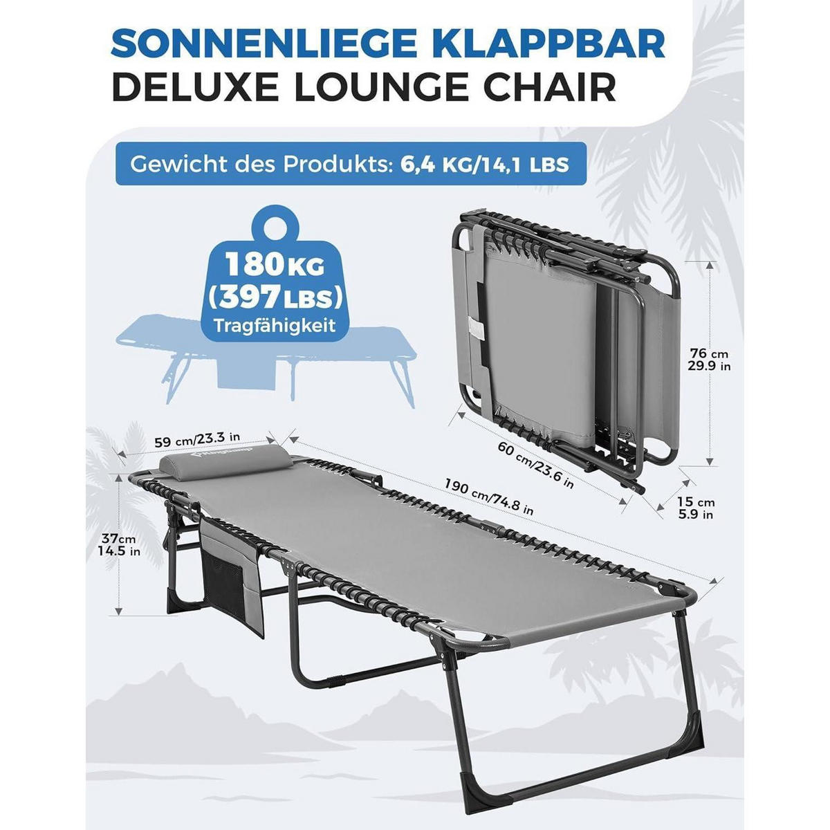 SONNENLIEGE klappbar 5-fach verstellbar Grau - Grau, Textil (59/37/190cm)
