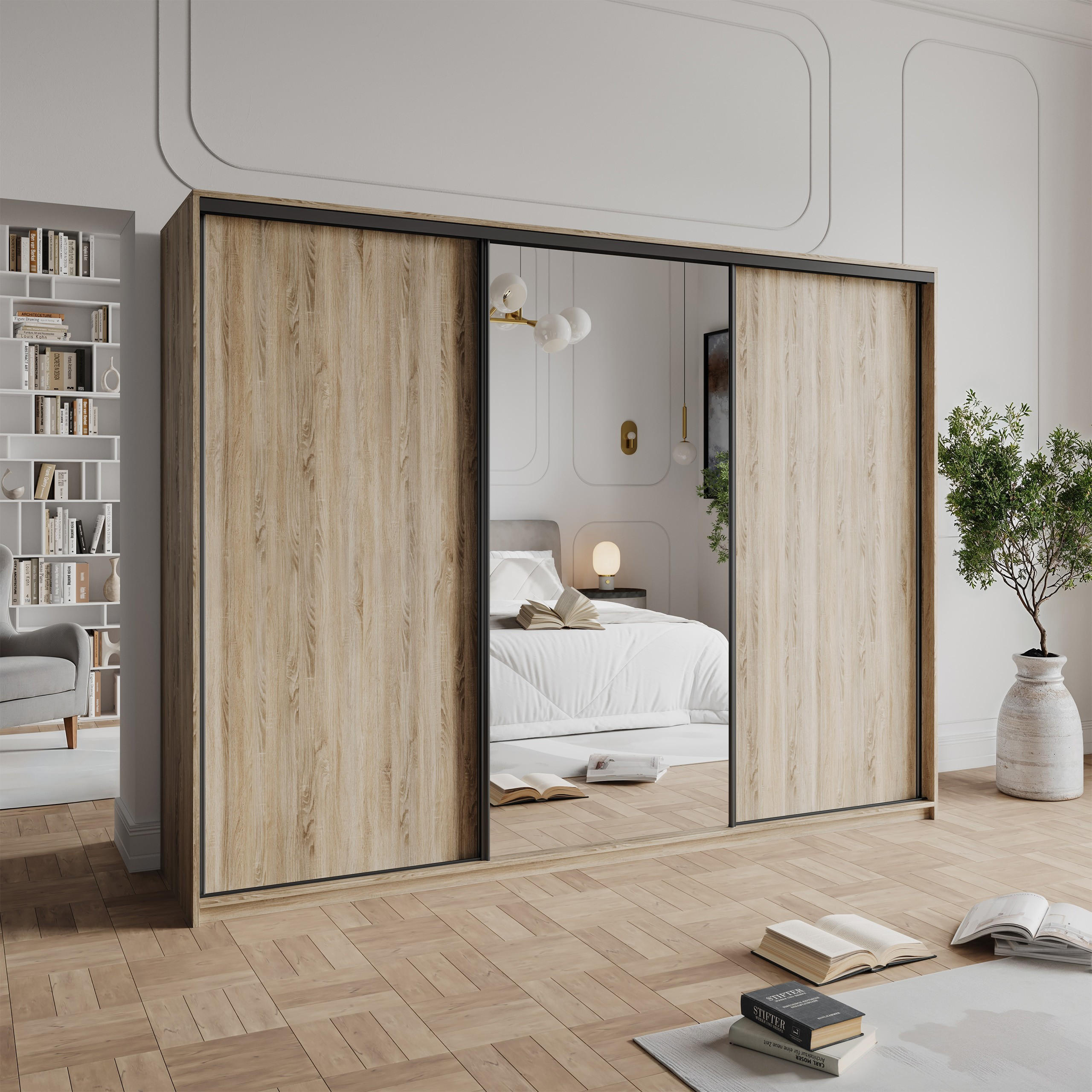 SCHWEBETÜRENSCHRANK TAVI 270/205/60 cm 3-türig mit Spiegel Sonoma Eiche - Sonoma Eiche, Holzwerkstoff (270/205/60cm) - MASSENO