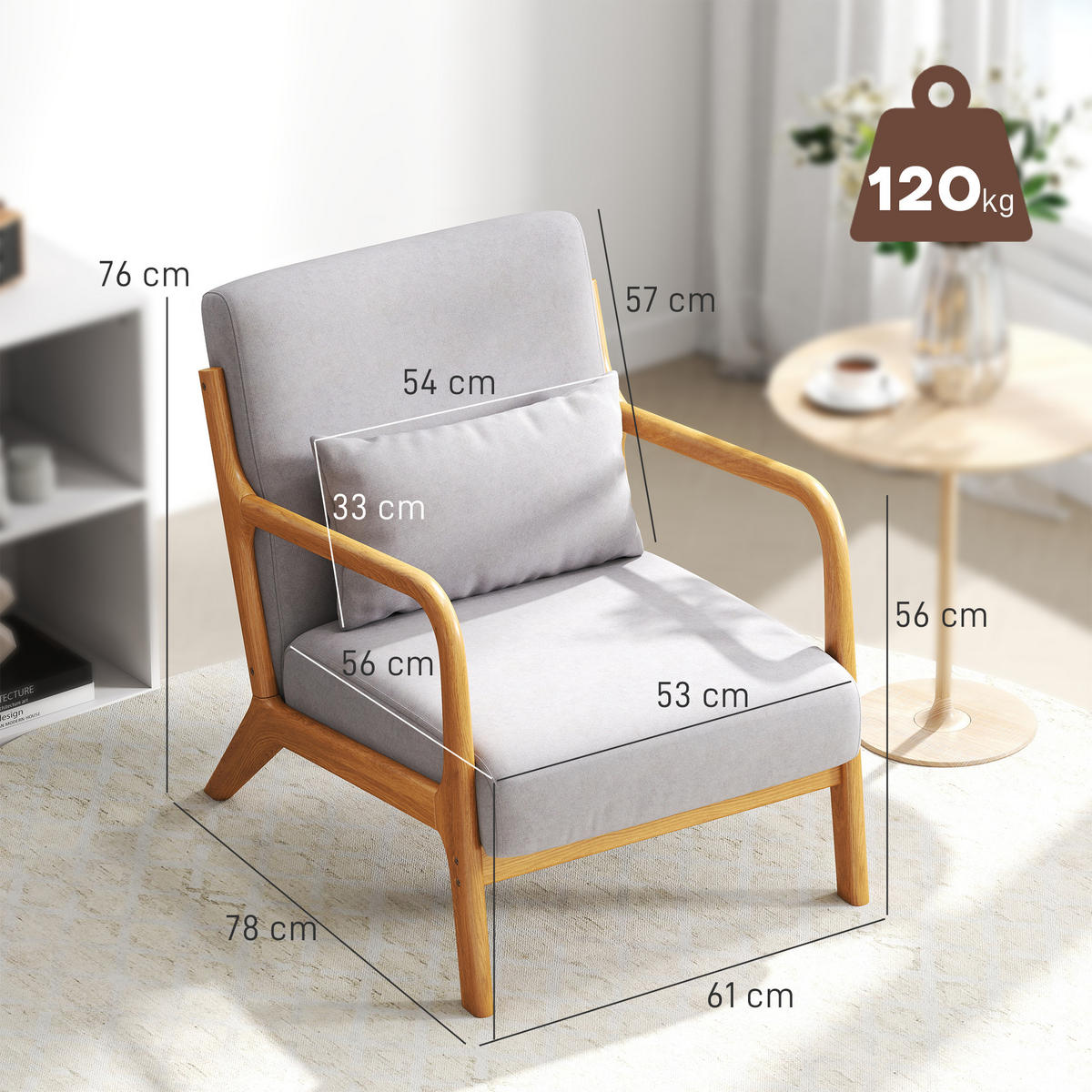 SESSEL Loungesessel mit Armlehne, Lendenkissen, S-Feder für Schlafzimmer, Grau - Naturfarben/Grau, Holz/Textil (61/76/78cm) - HOMCOM